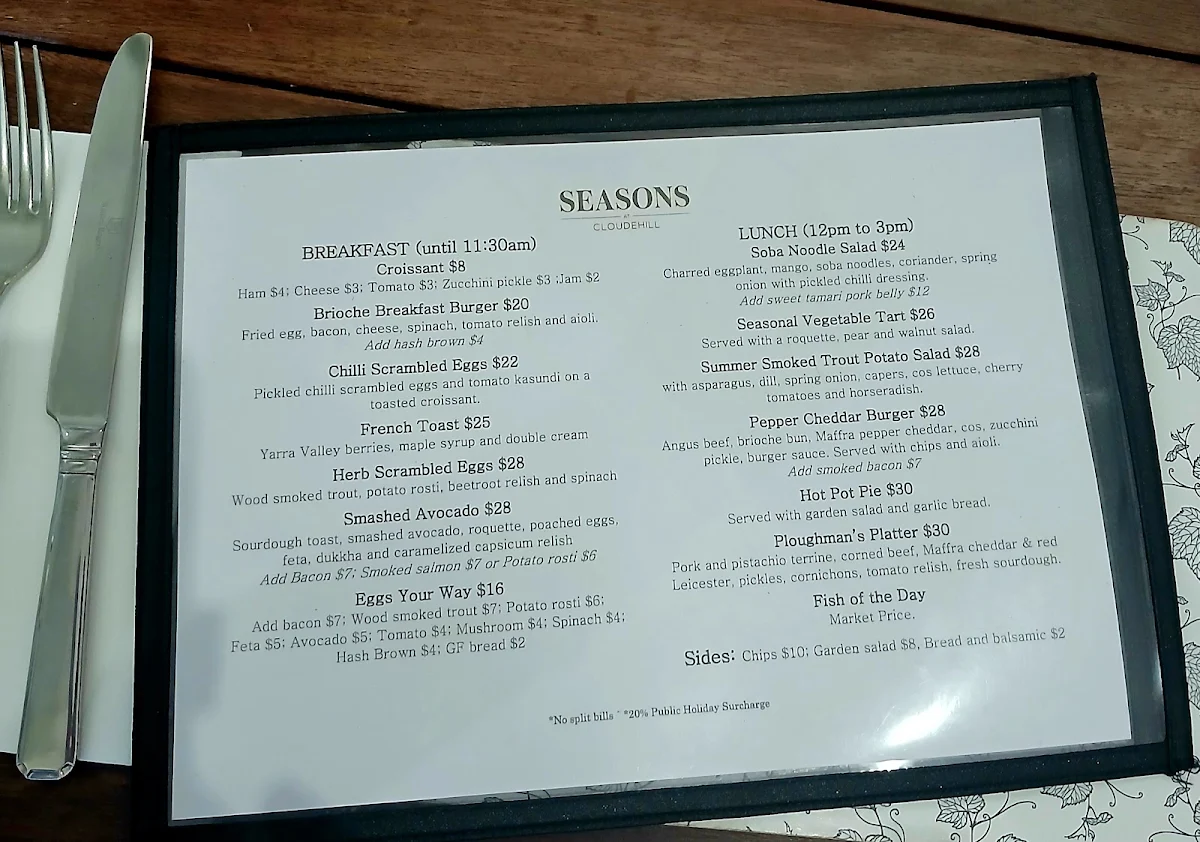 Menu, Seasons Restaurant at Cloudehill