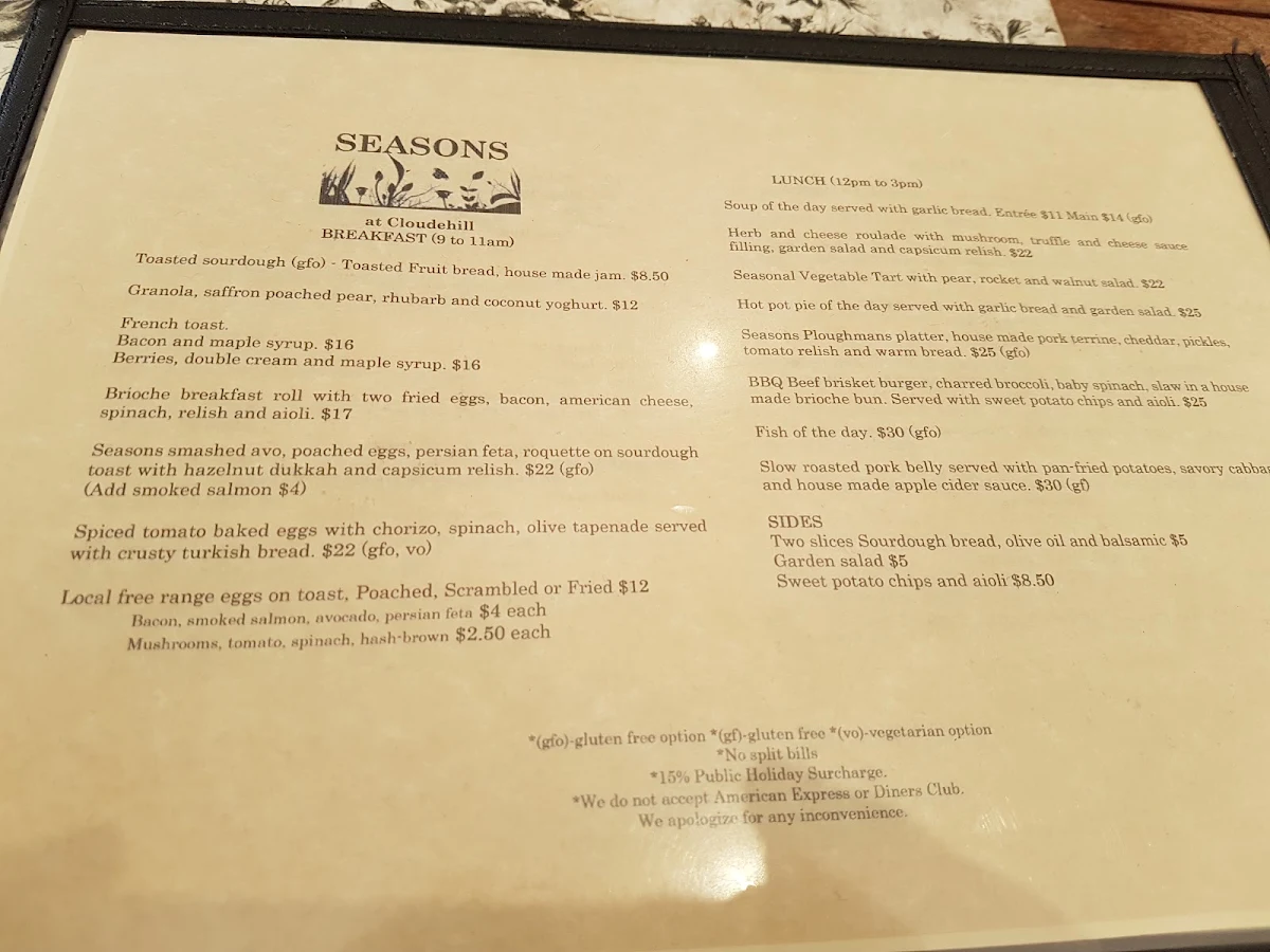 Menu, Seasons Restaurant at Cloudehill