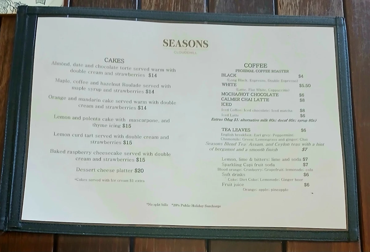 Menu, Seasons Restaurant at Cloudehill