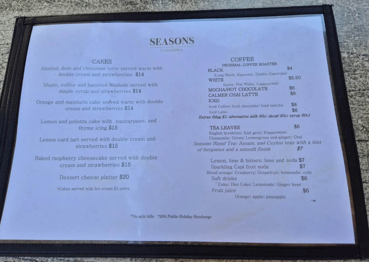 Menu, Seasons Restaurant at Cloudehill