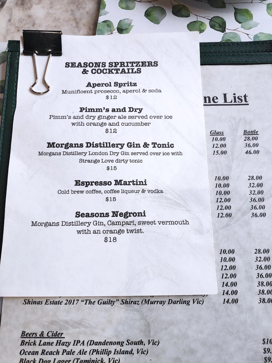 Menu, Seasons Restaurant at Cloudehill