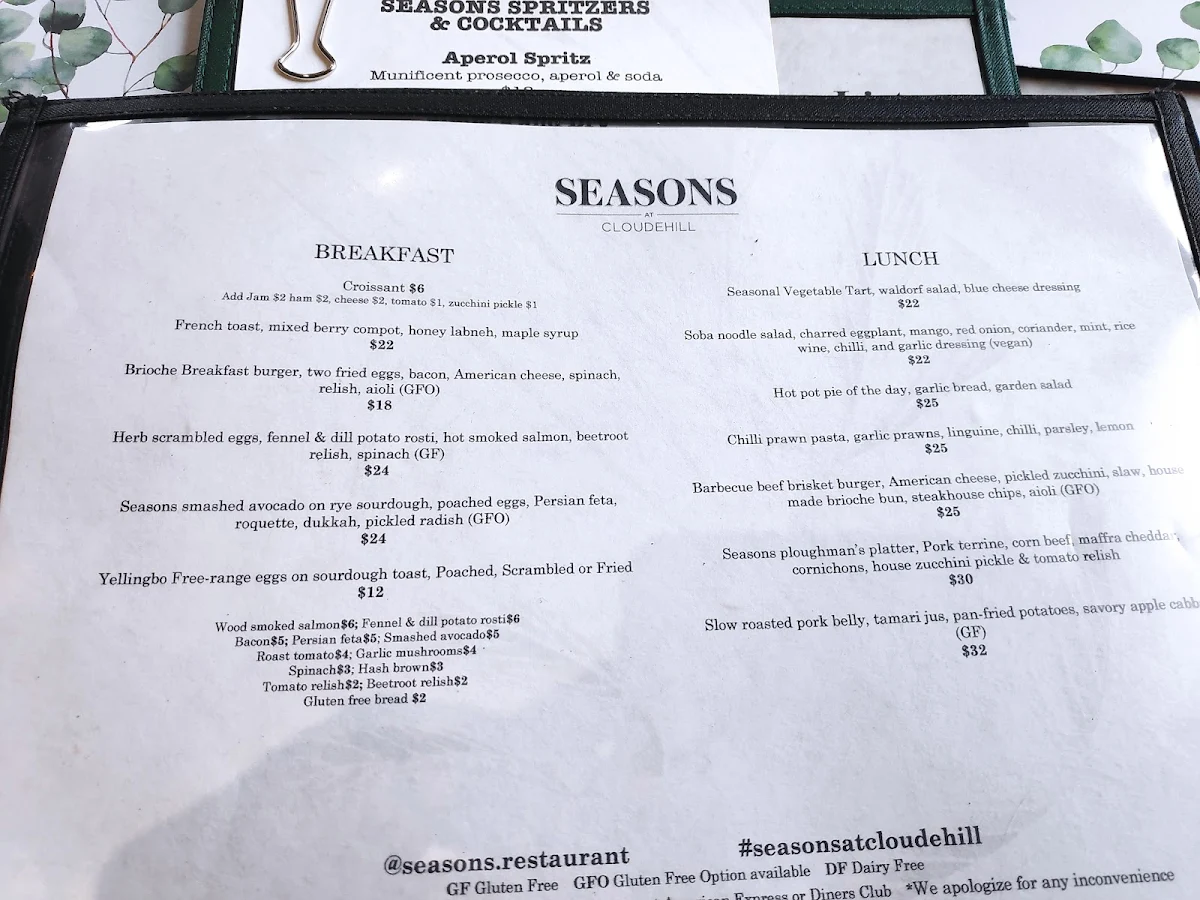 Menu, Seasons Restaurant at Cloudehill