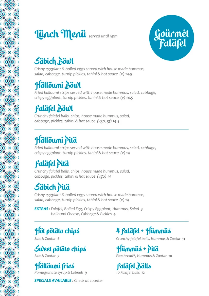 Menu, gourmet falafel