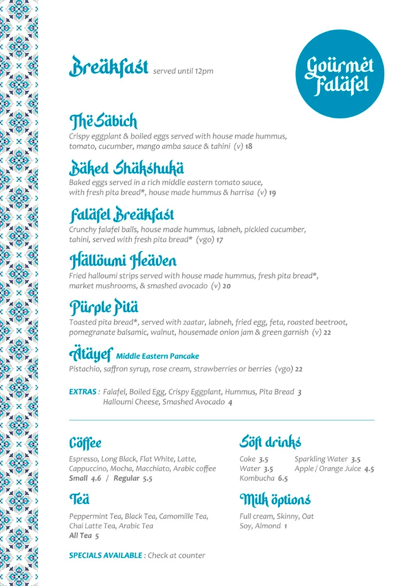 Menu, gourmet falafel