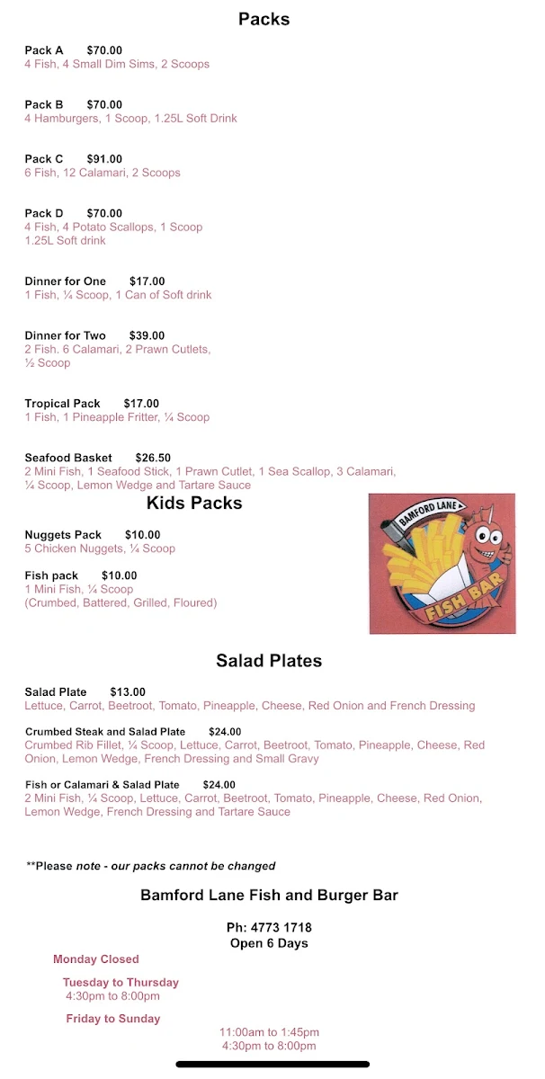 Menu, Bamford Lane Fish & Burger Bar