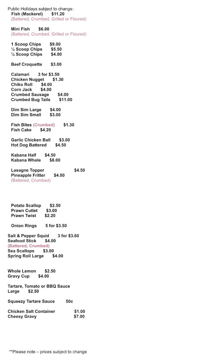 Menu, Bamford Lane Fish & Burger Bar