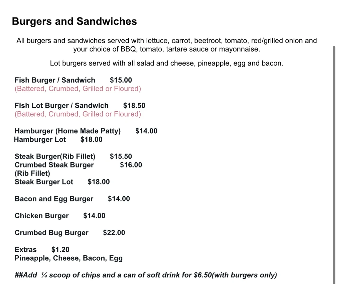 Menu, Bamford Lane Fish & Burger Bar