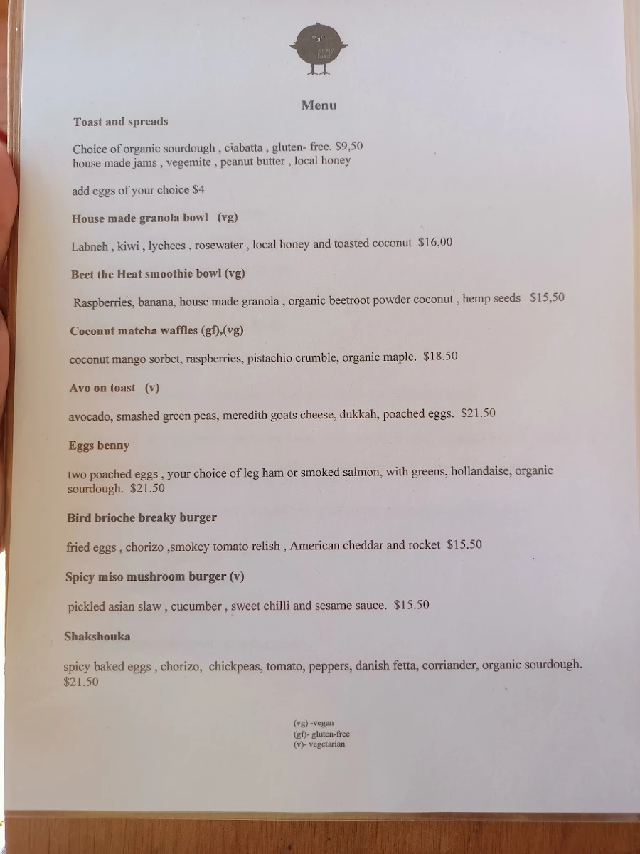 Menu, Earlybird Cafe