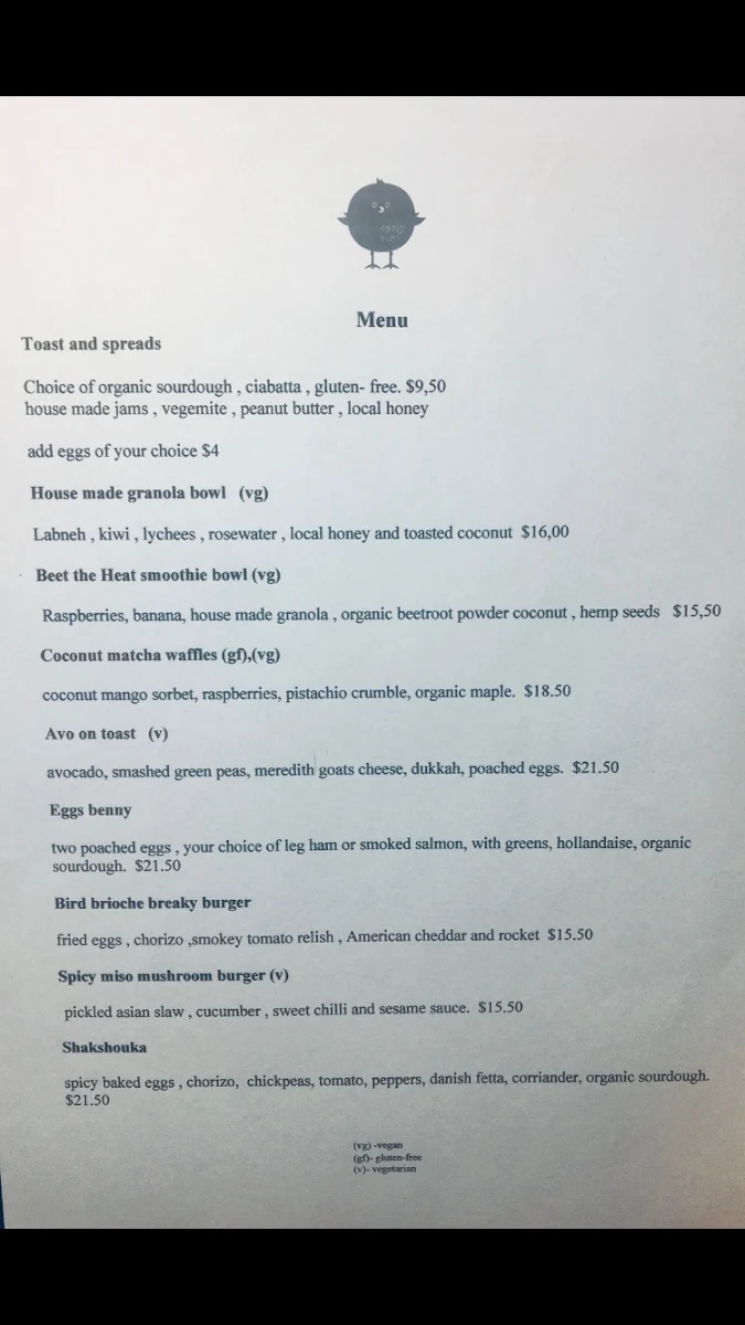 Menu, Earlybird Cafe