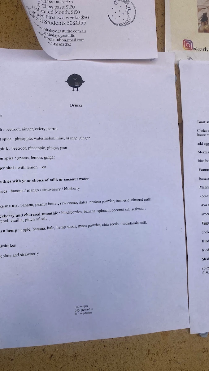 Menu, Earlybird Cafe