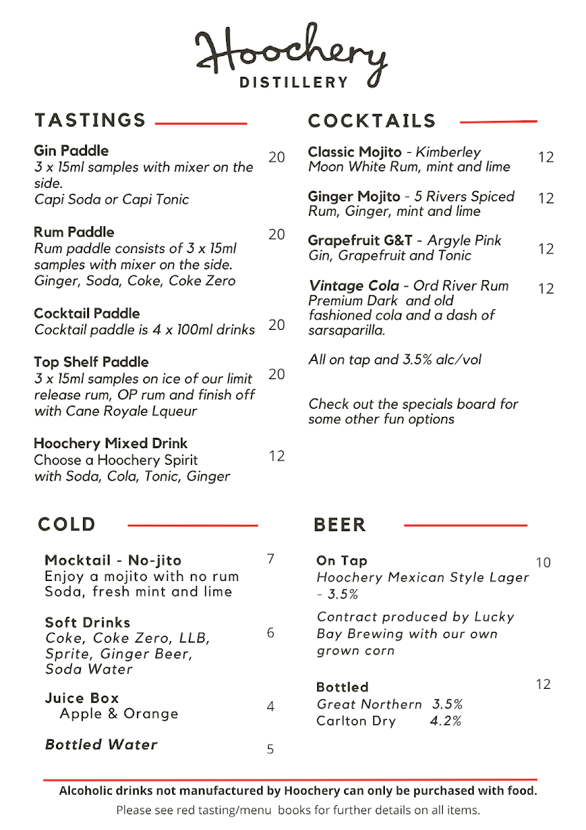 Menu, Hoochery Distillery