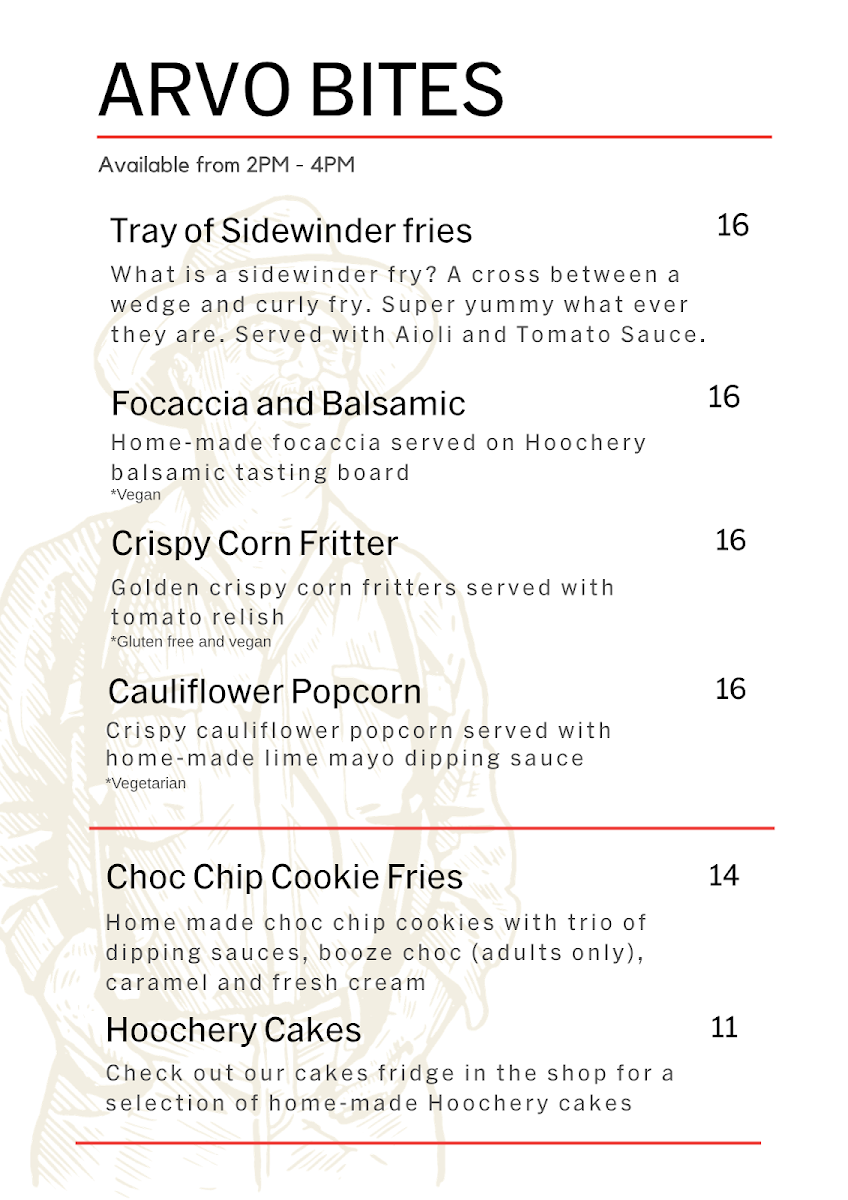 Menu, Hoochery Distillery