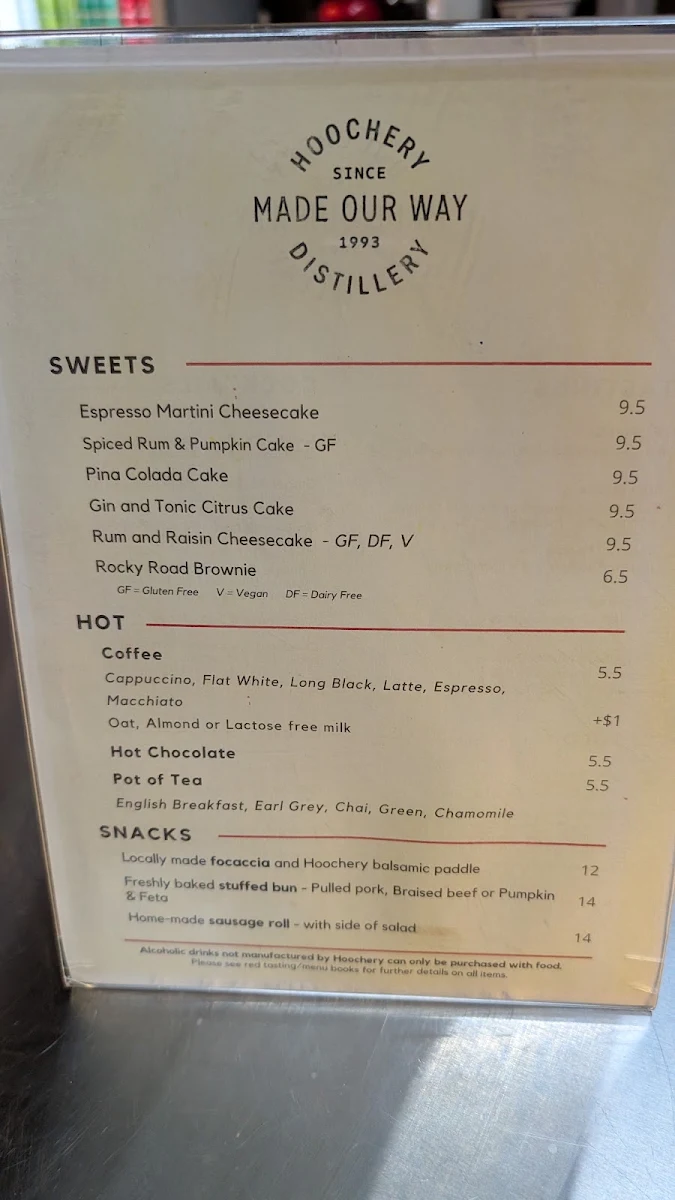 Menu, Hoochery Distillery