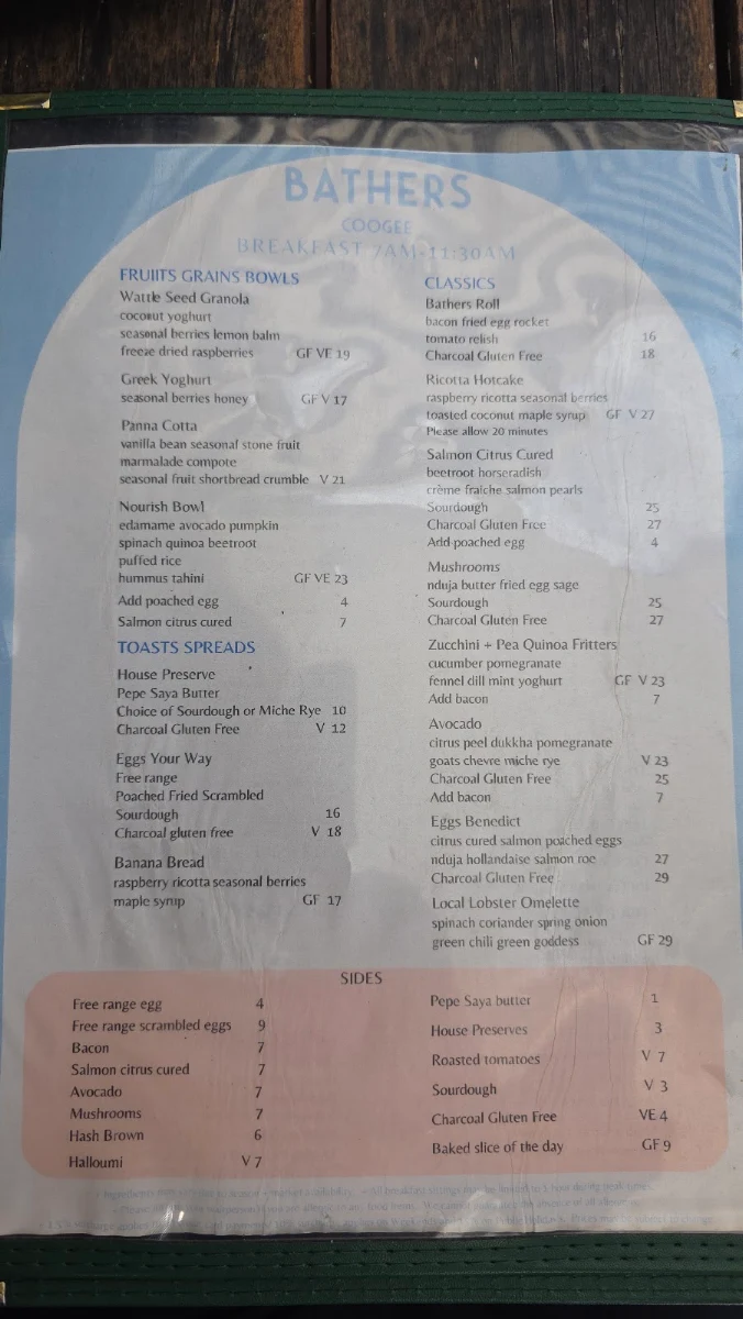 Menu, Bathers Coogee