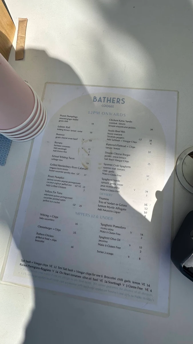 Menu, Bathers Coogee