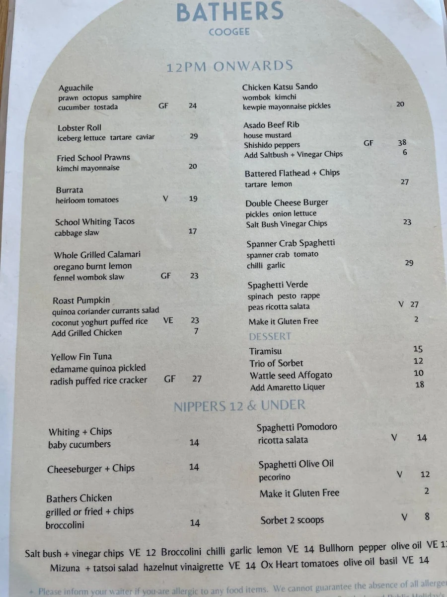 Menu, Bathers Coogee