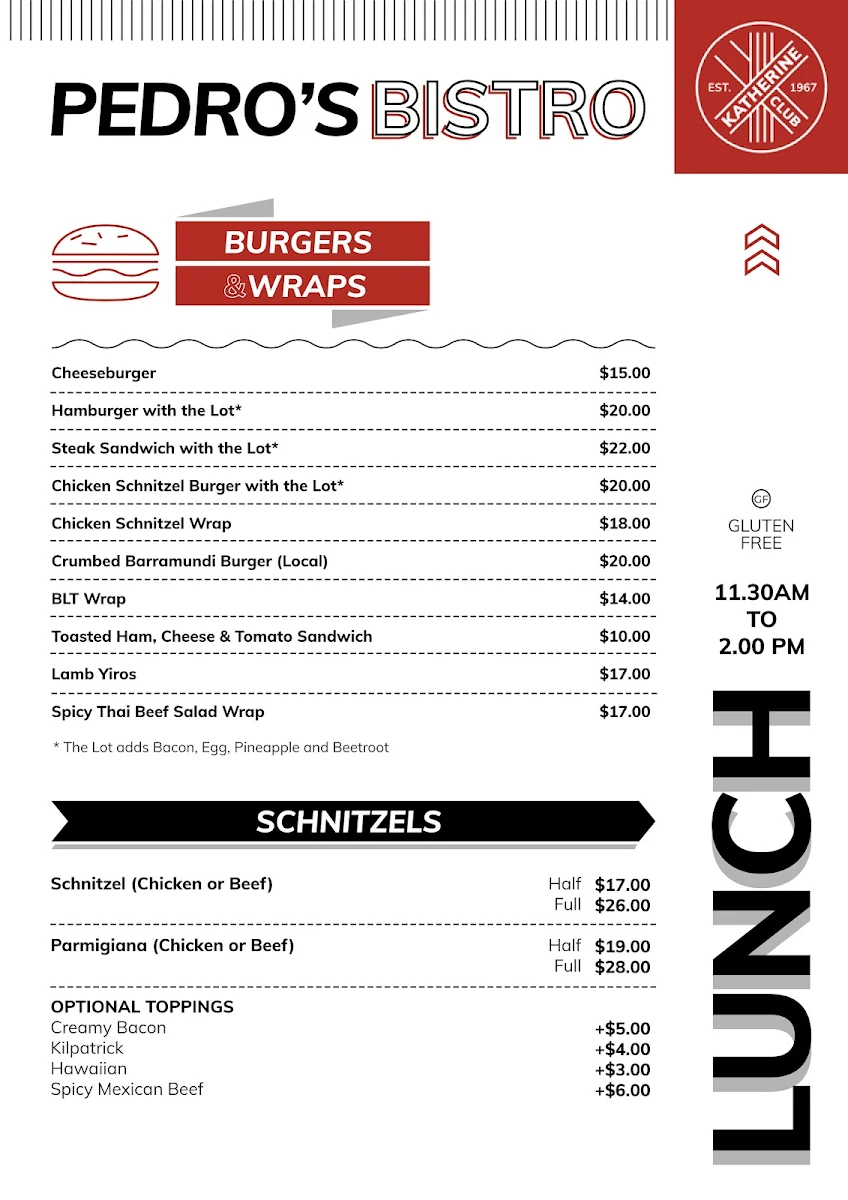 Menu, Katherine Club Inc