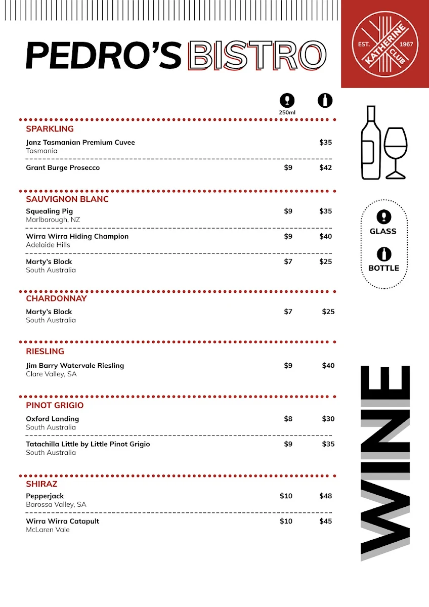Menu, Katherine Club Inc