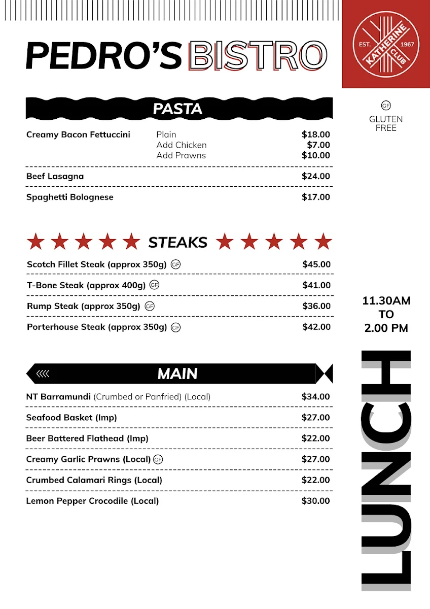 Menu, Katherine Club Inc