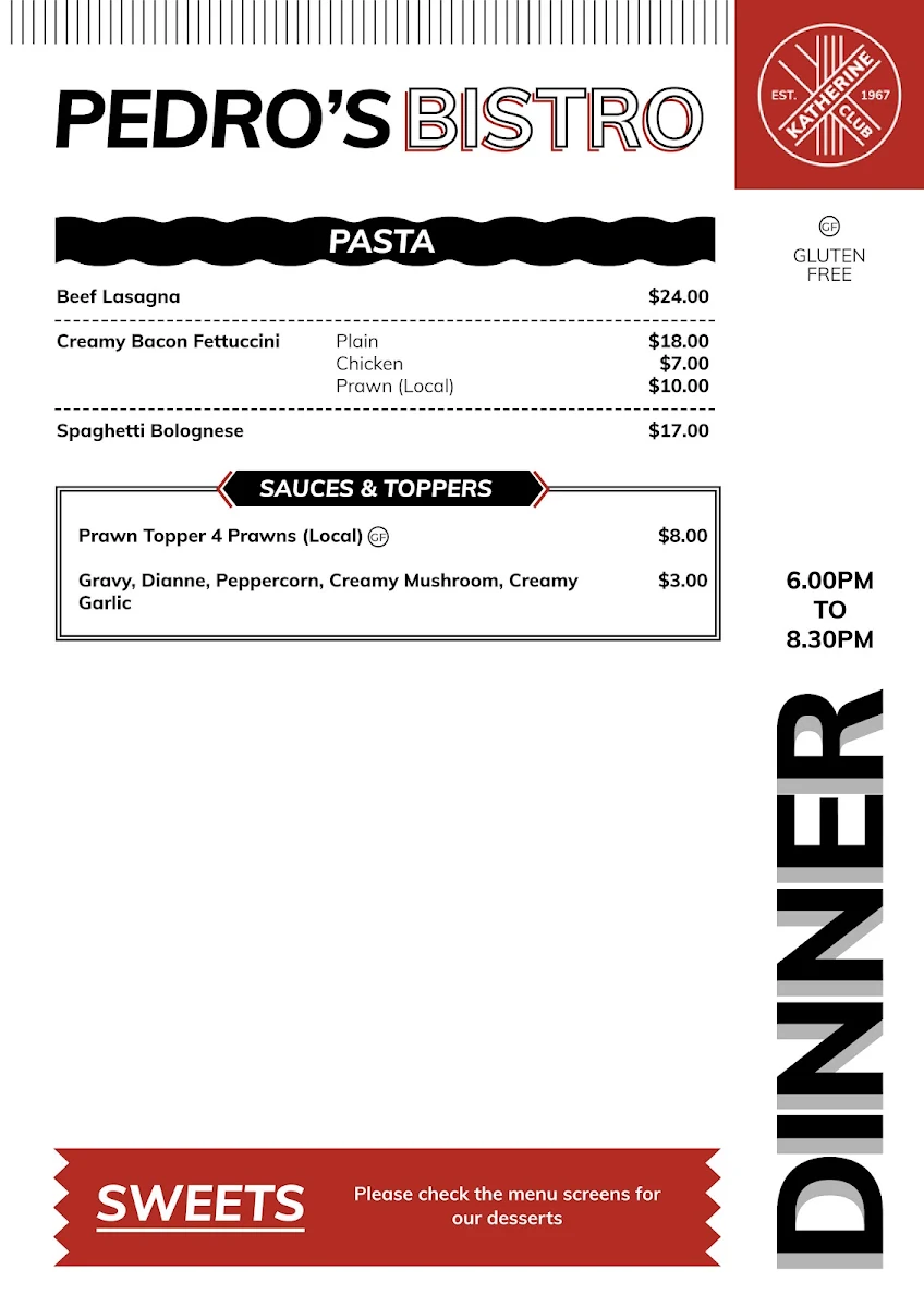 Menu, Katherine Club Inc
