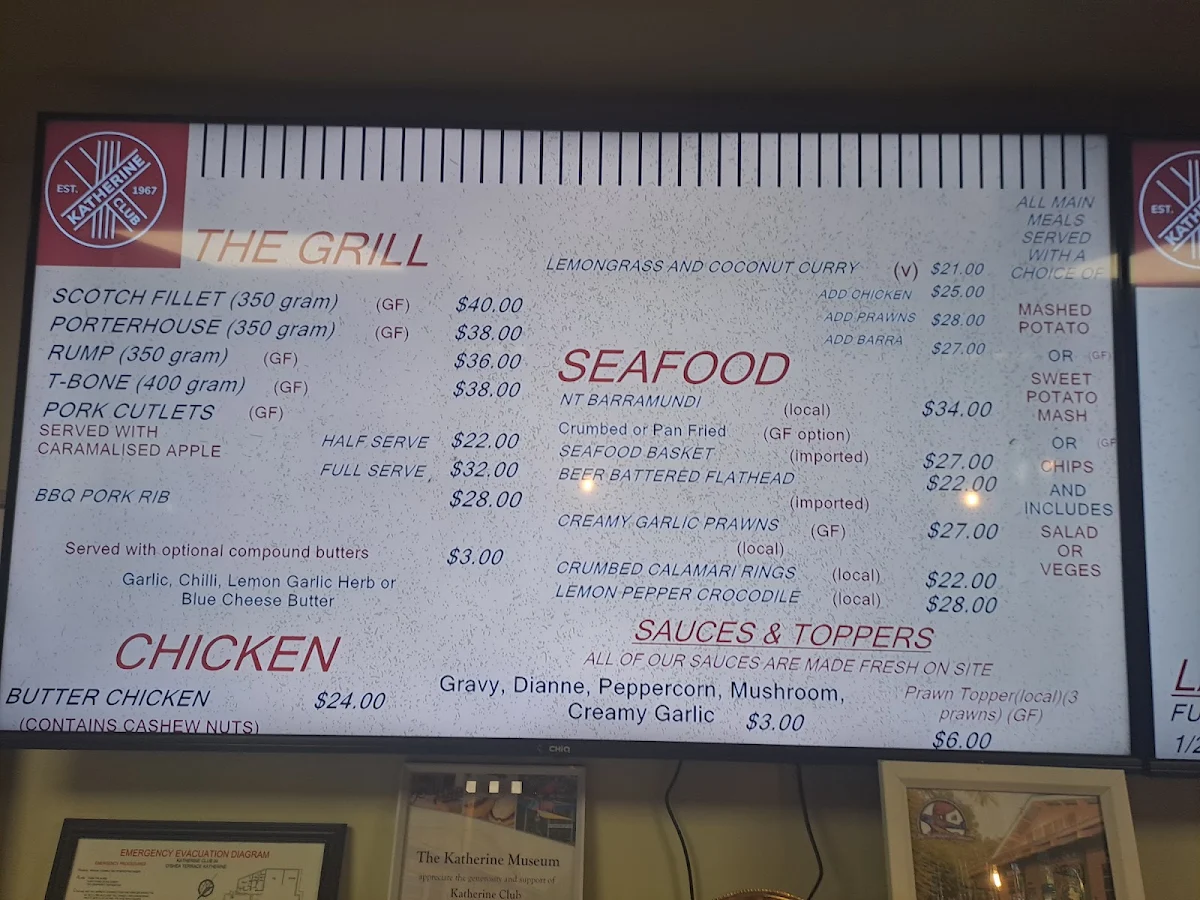 Menu, Katherine Club Inc