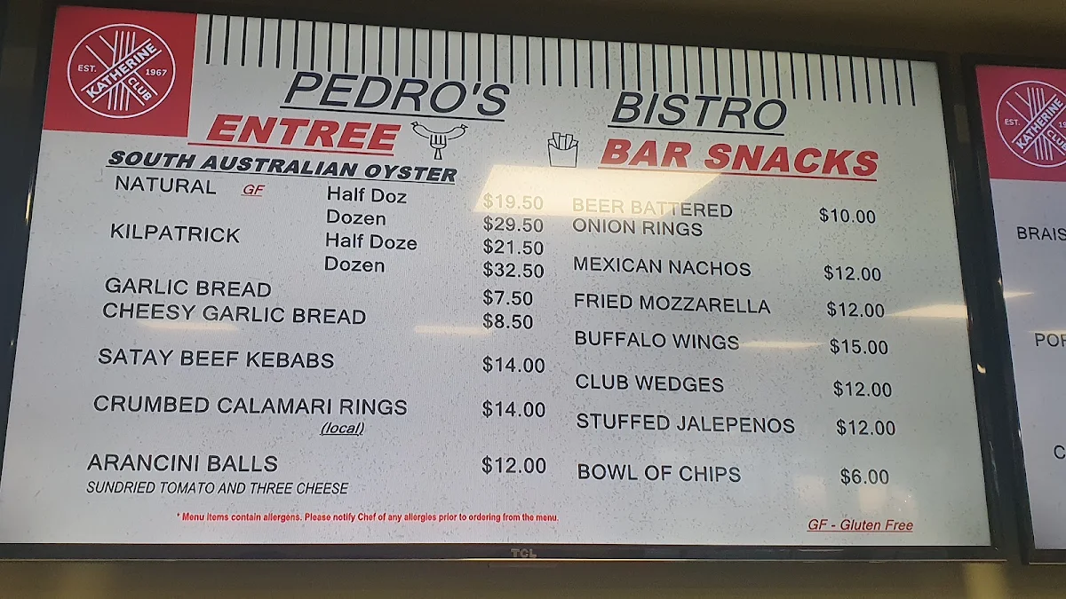 Menu, Katherine Club Inc