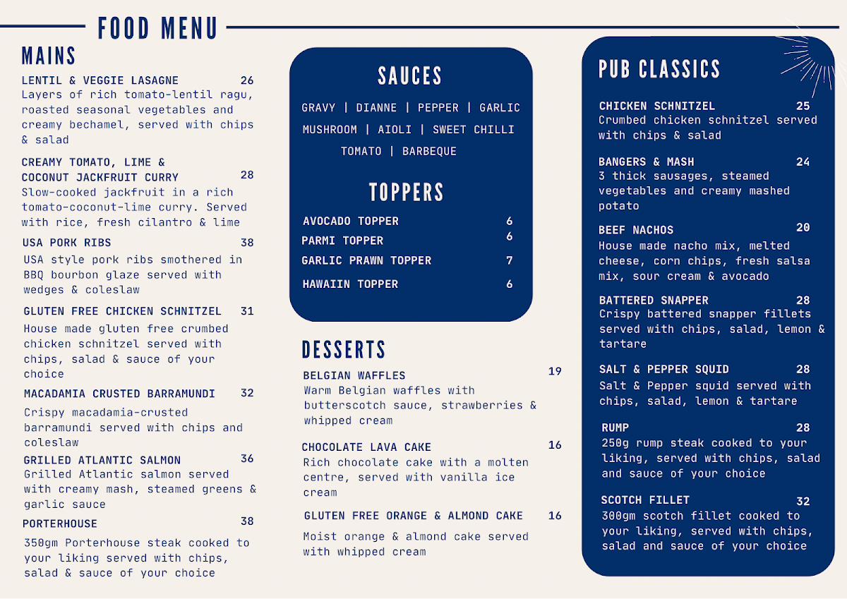 Menu, Stuarts Point Tavern