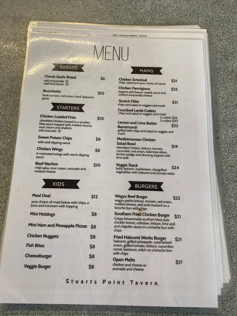 Menu, Stuarts Point Tavern