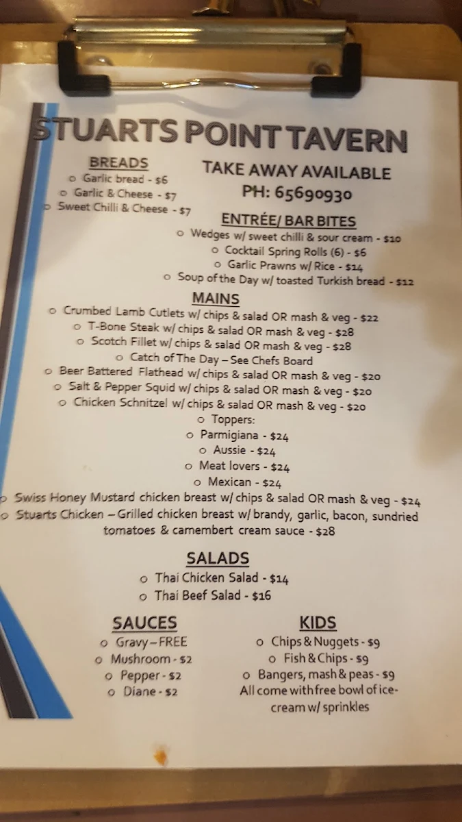 Menu, Stuarts Point Tavern