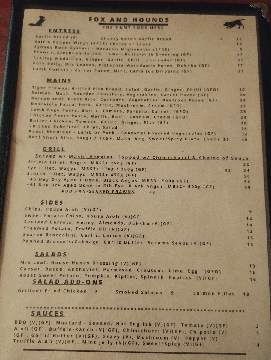 Menu, Fox and Hounds