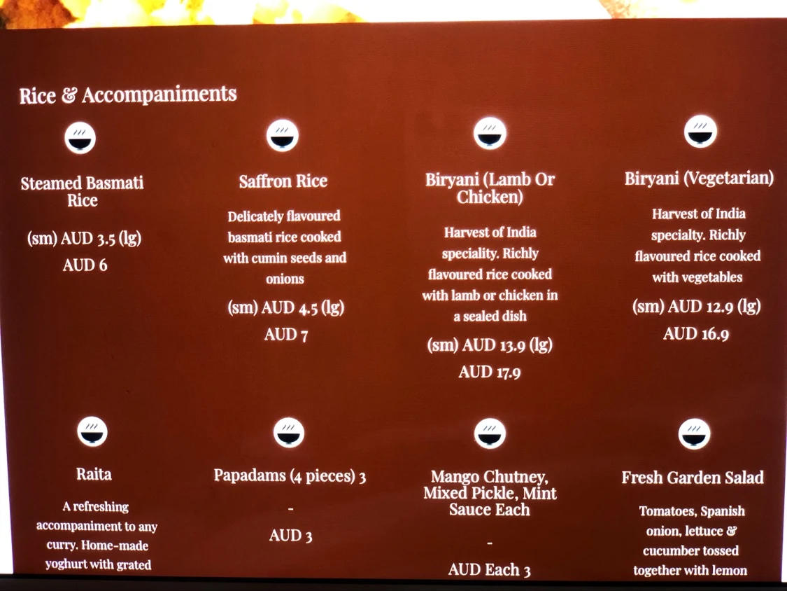Menu, Harvest of India Gawler