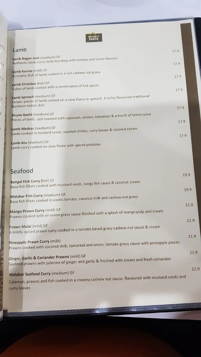 Menu, Harvest of India Gawler