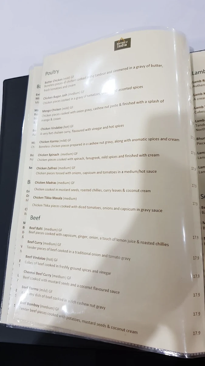 Menu, Harvest of India Gawler