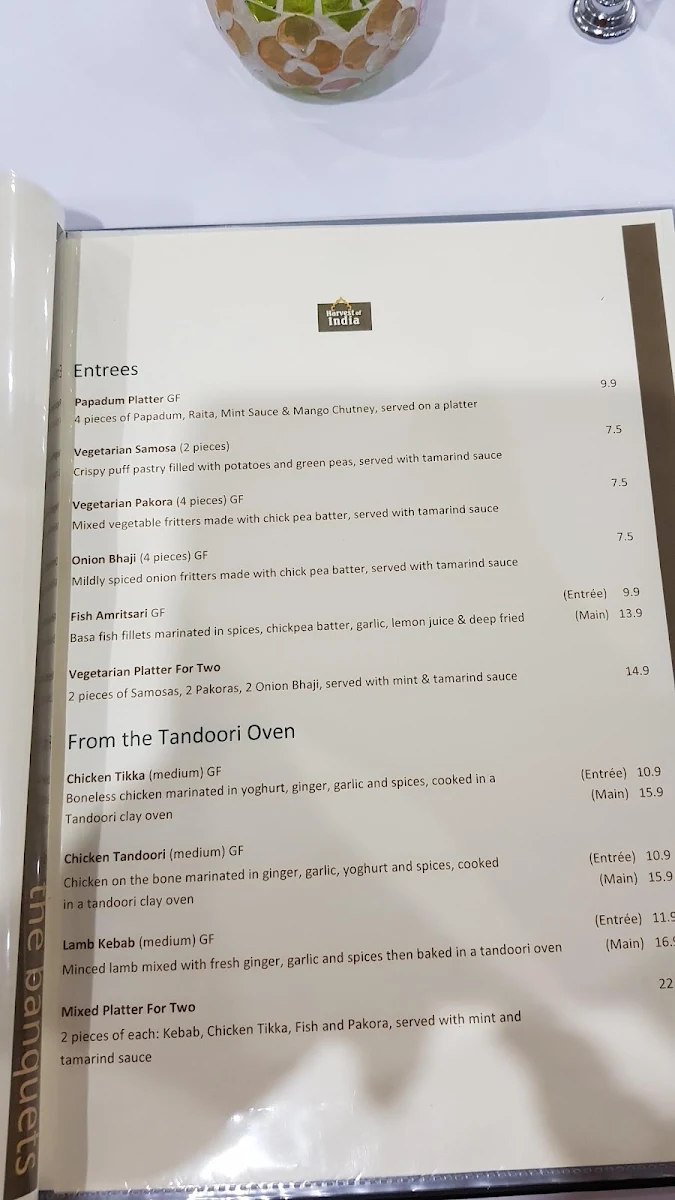 Menu, Harvest of India Gawler