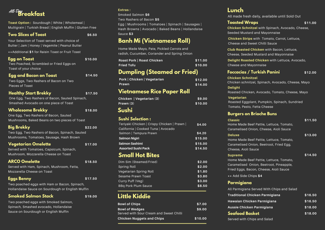 Menu, ARCO BITES AND BREWS