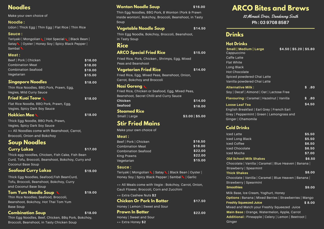 Menu, ARCO BITES AND BREWS