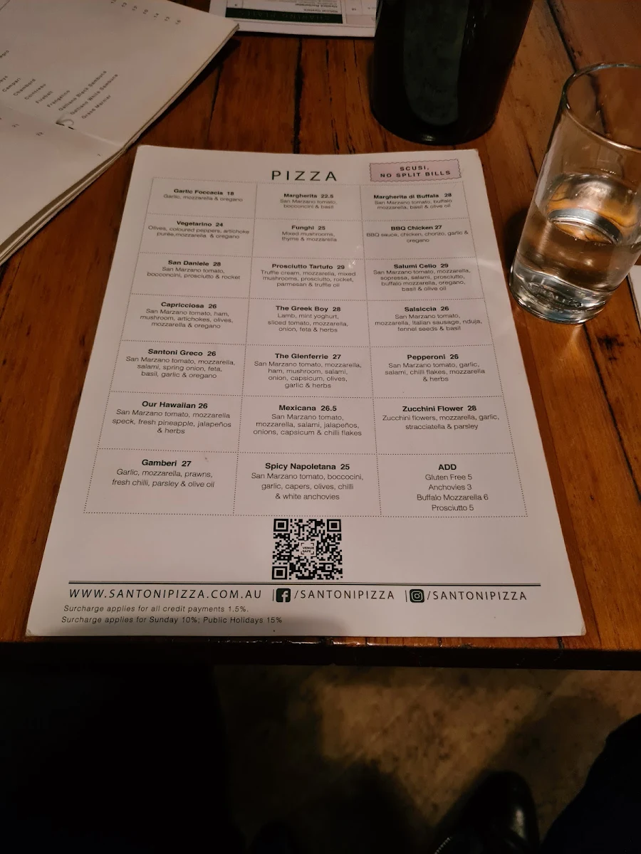 Menu, Santoni Pizza & Bar