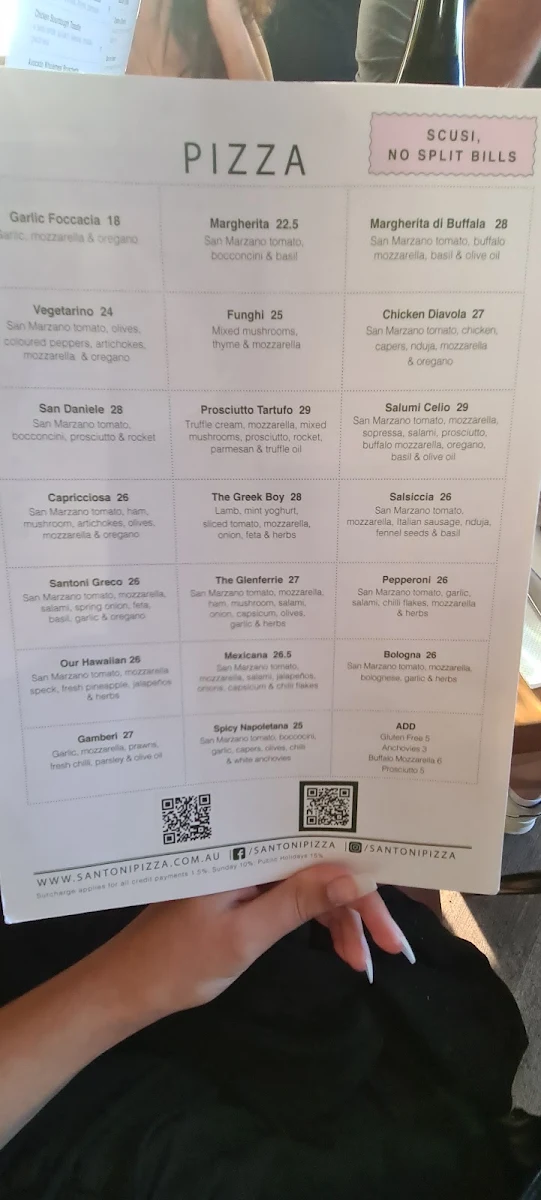 Menu, Santoni Pizza & Bar