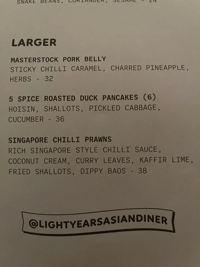 Menu, Light Years - Burleigh Heads