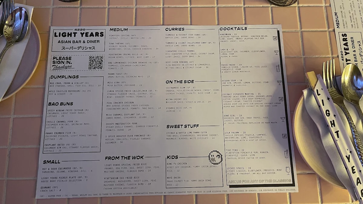 Menu, Light Years - Burleigh Heads