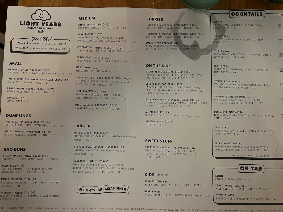 Menu, Light Years - Burleigh Heads