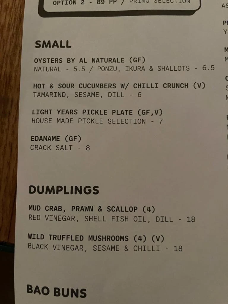 Menu, Light Years - Burleigh Heads
