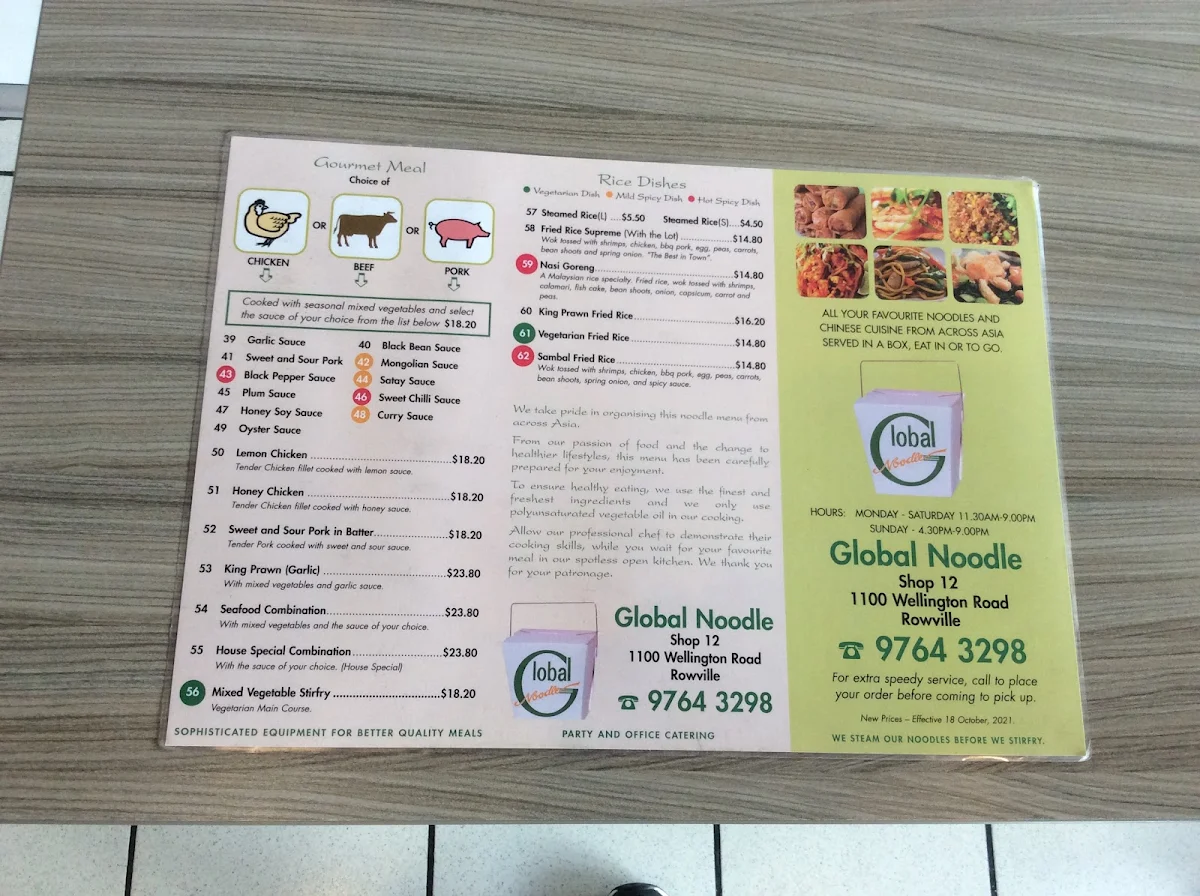Menu, Global Noodle