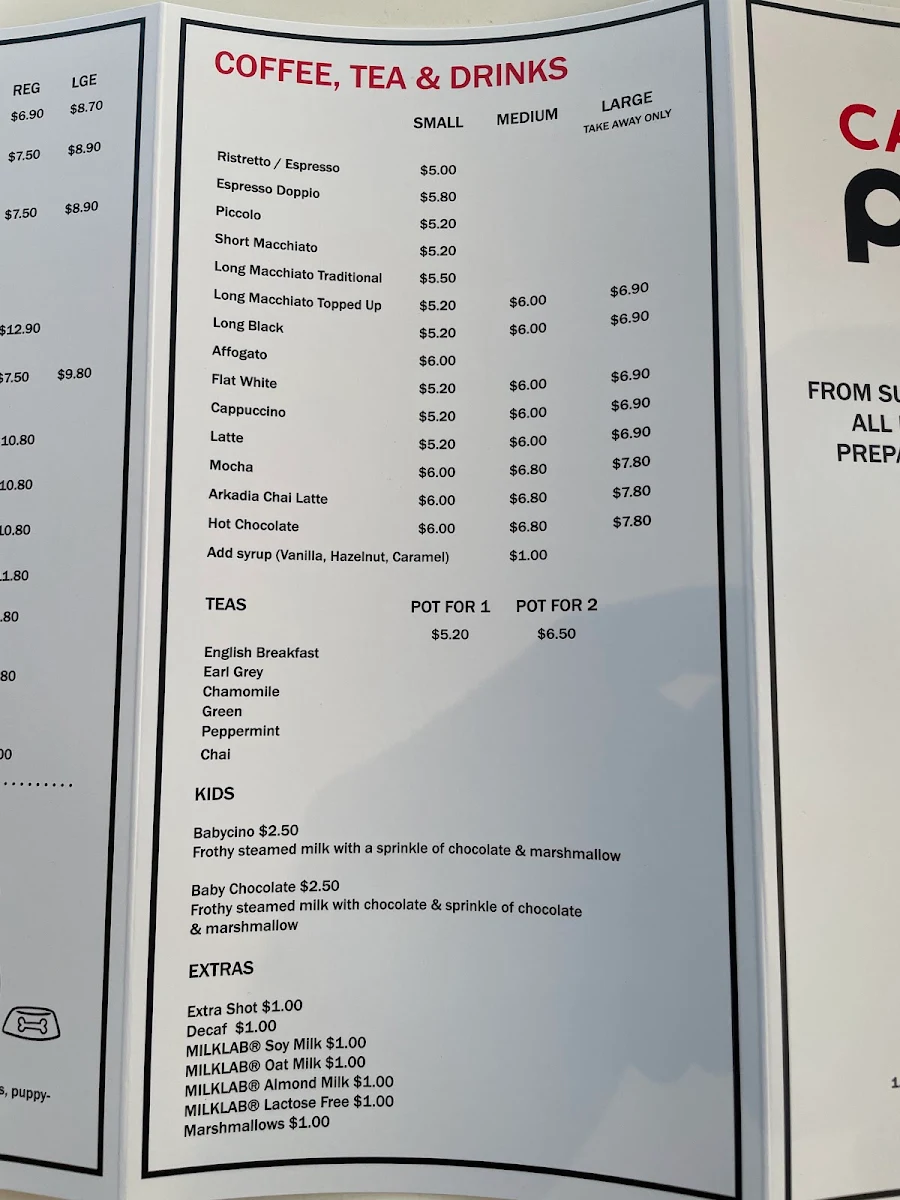 Menu, Café Du Point