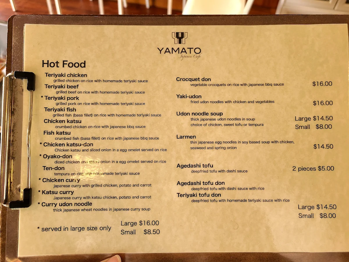 Menu, Yamato Japanese Cafe
