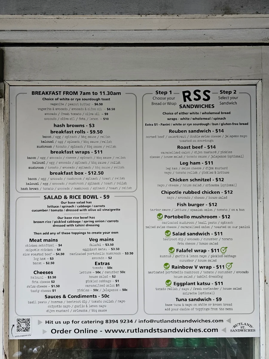 Menu, Rutland St Sandwiches