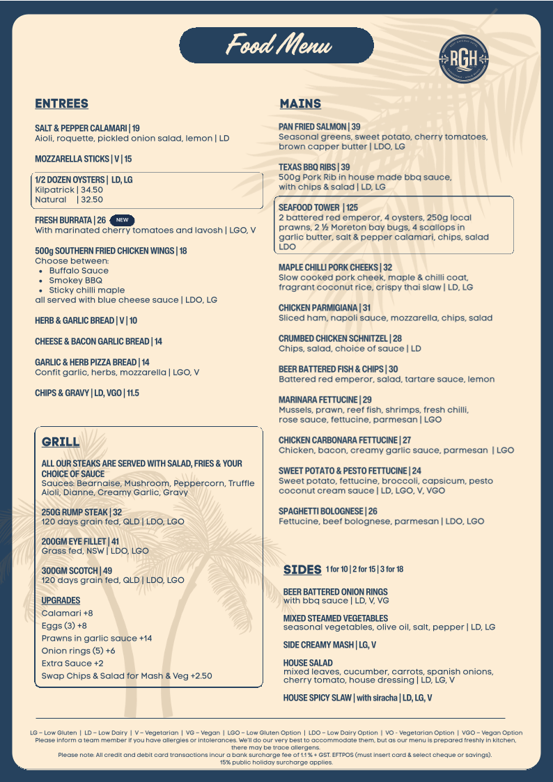 Menu, Reef Gateway Hotel