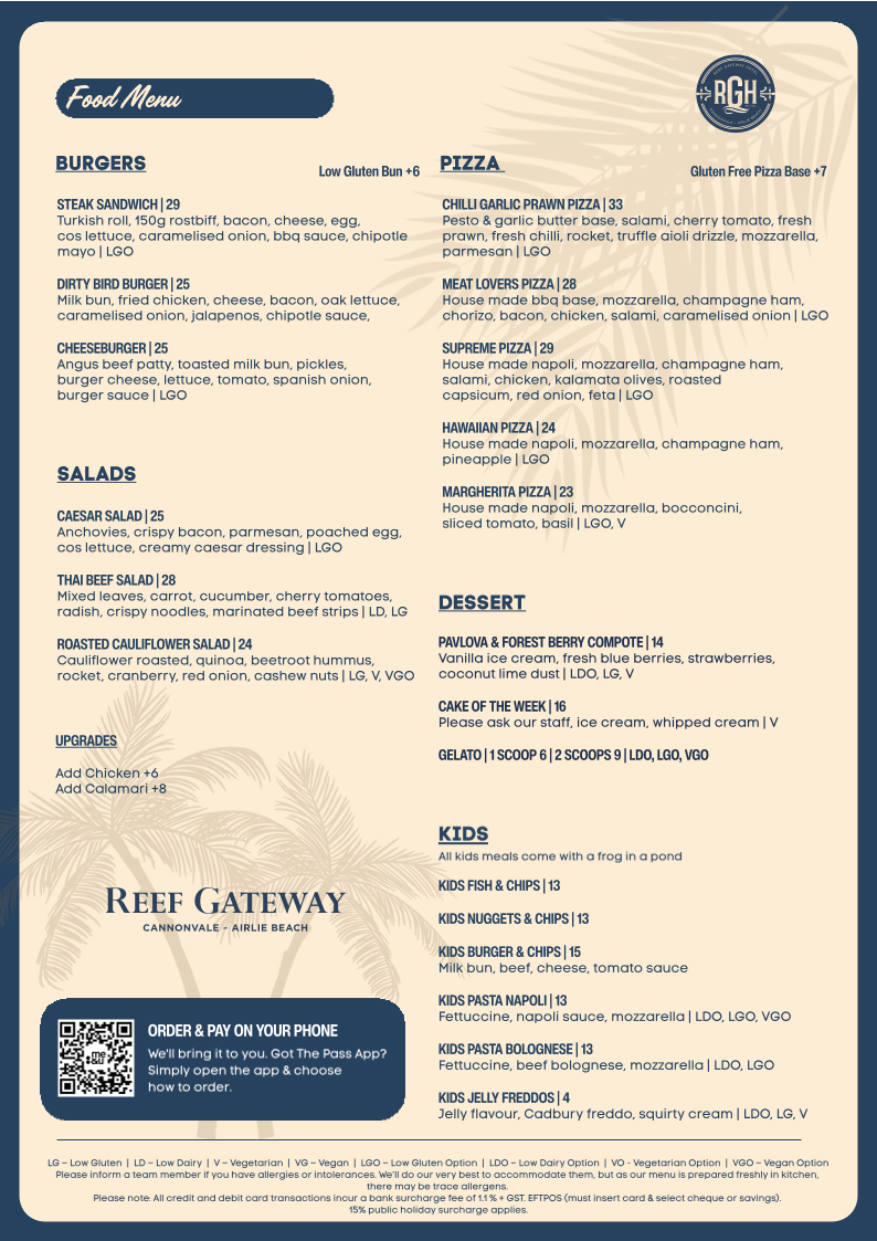 Menu, Reef Gateway Hotel