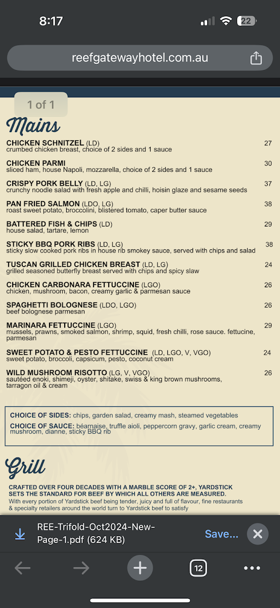 Menu, Reef Gateway Hotel