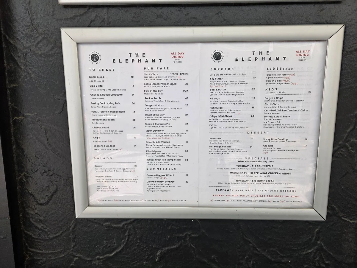 Menu, The Elephant British Pub